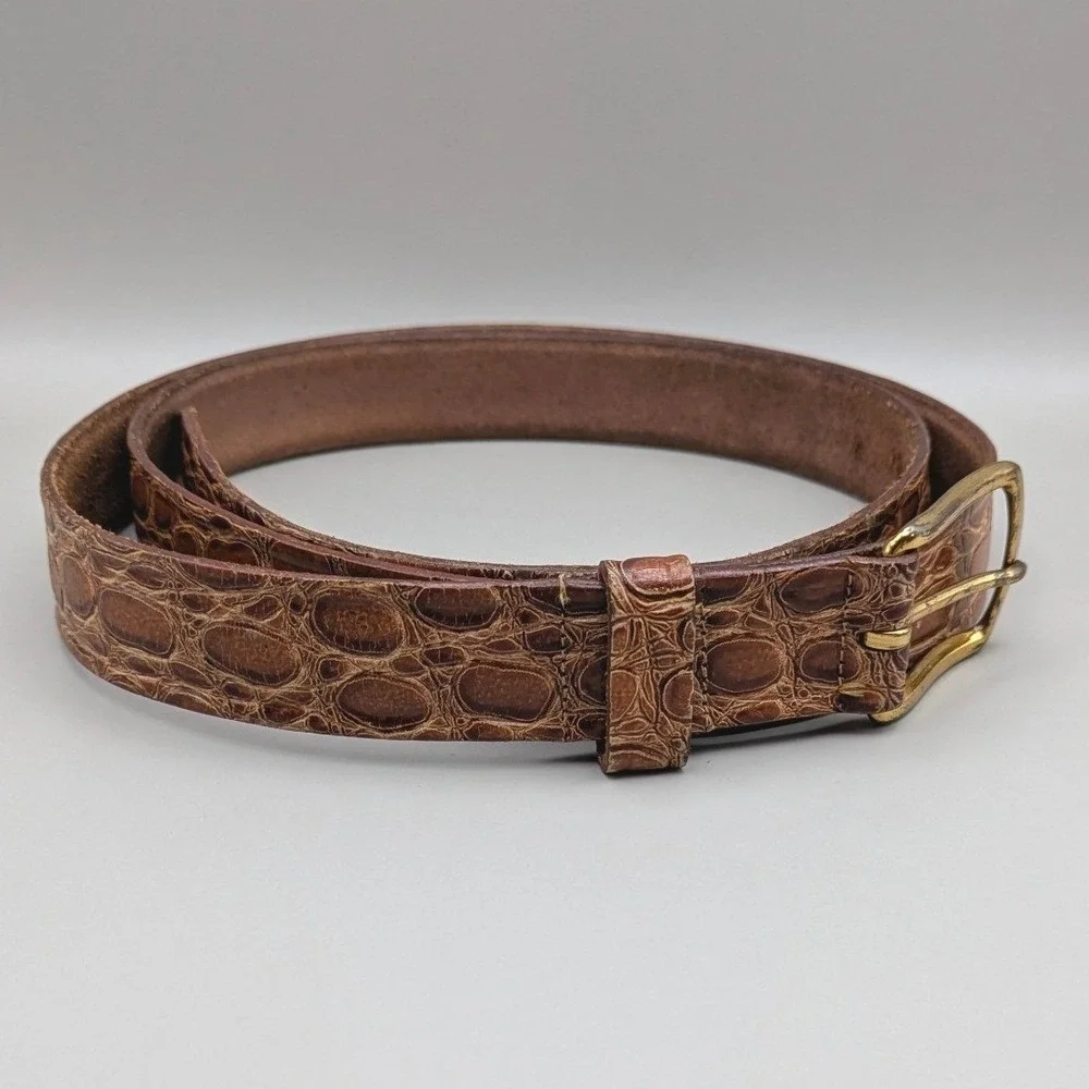 Vintage Swank Mens Brown Saddle Leather Belt Croc-Embossed 1